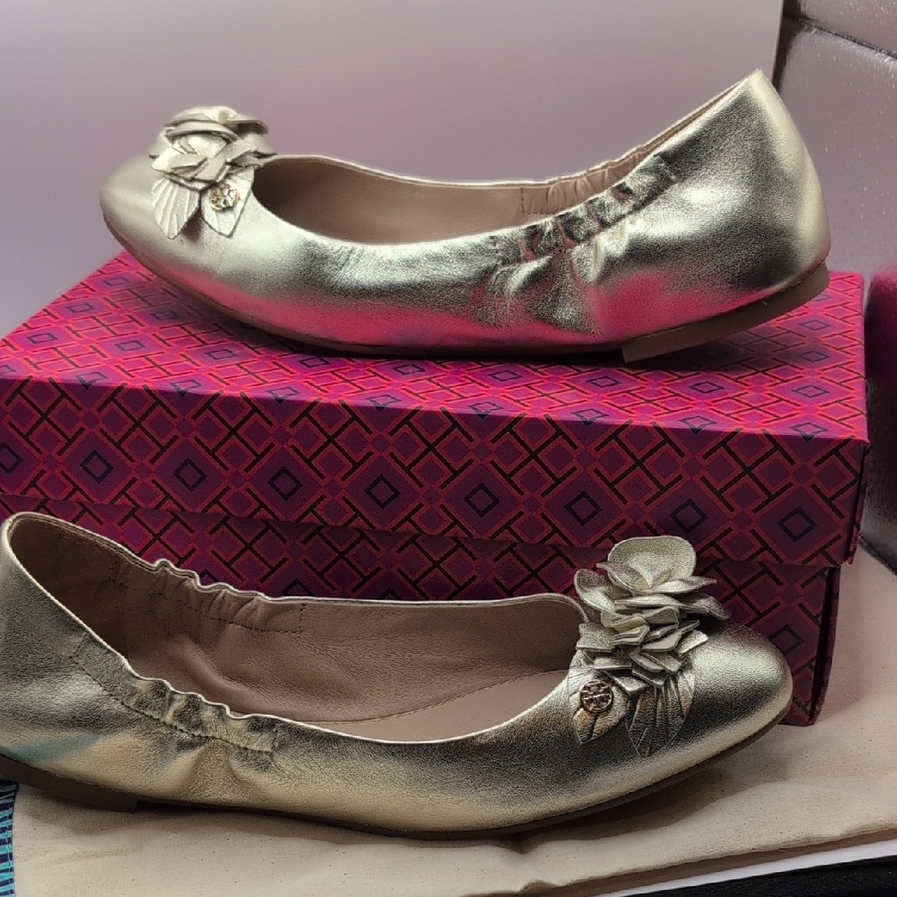 Gold Ballet Flats with Floral Detail